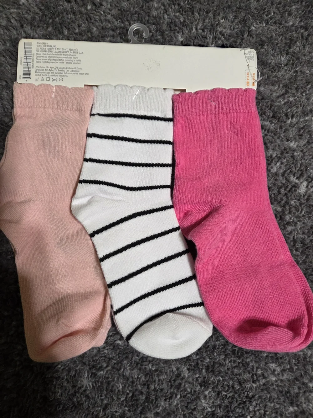 Gymboree 3-Pack Kids Ankle Socks in Hot Pink, White/Black Stripe & Light Pink